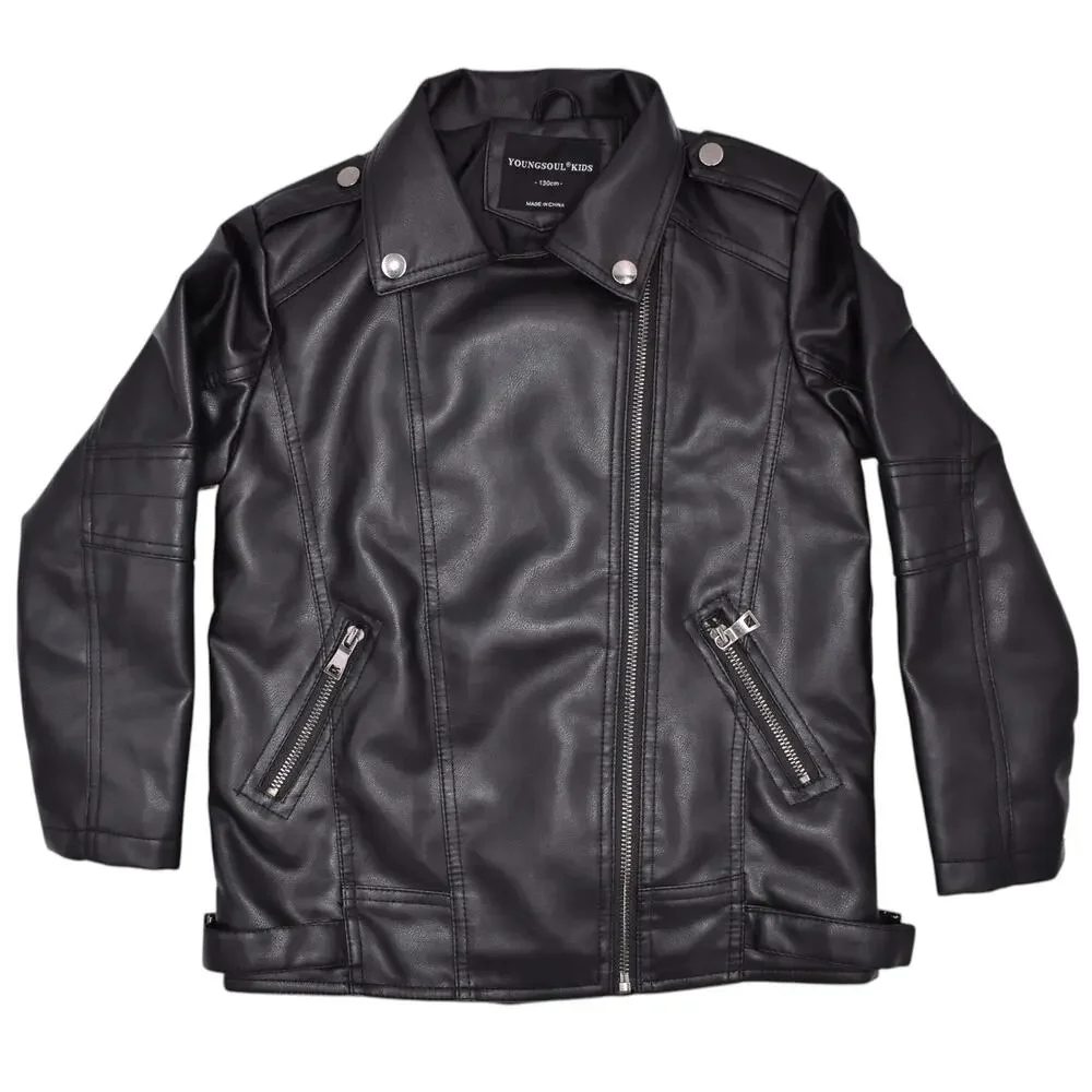 YoungSoul Kids Motorcycle Jacket Black Faux Leather Biker Coat Youth 130cm US 8